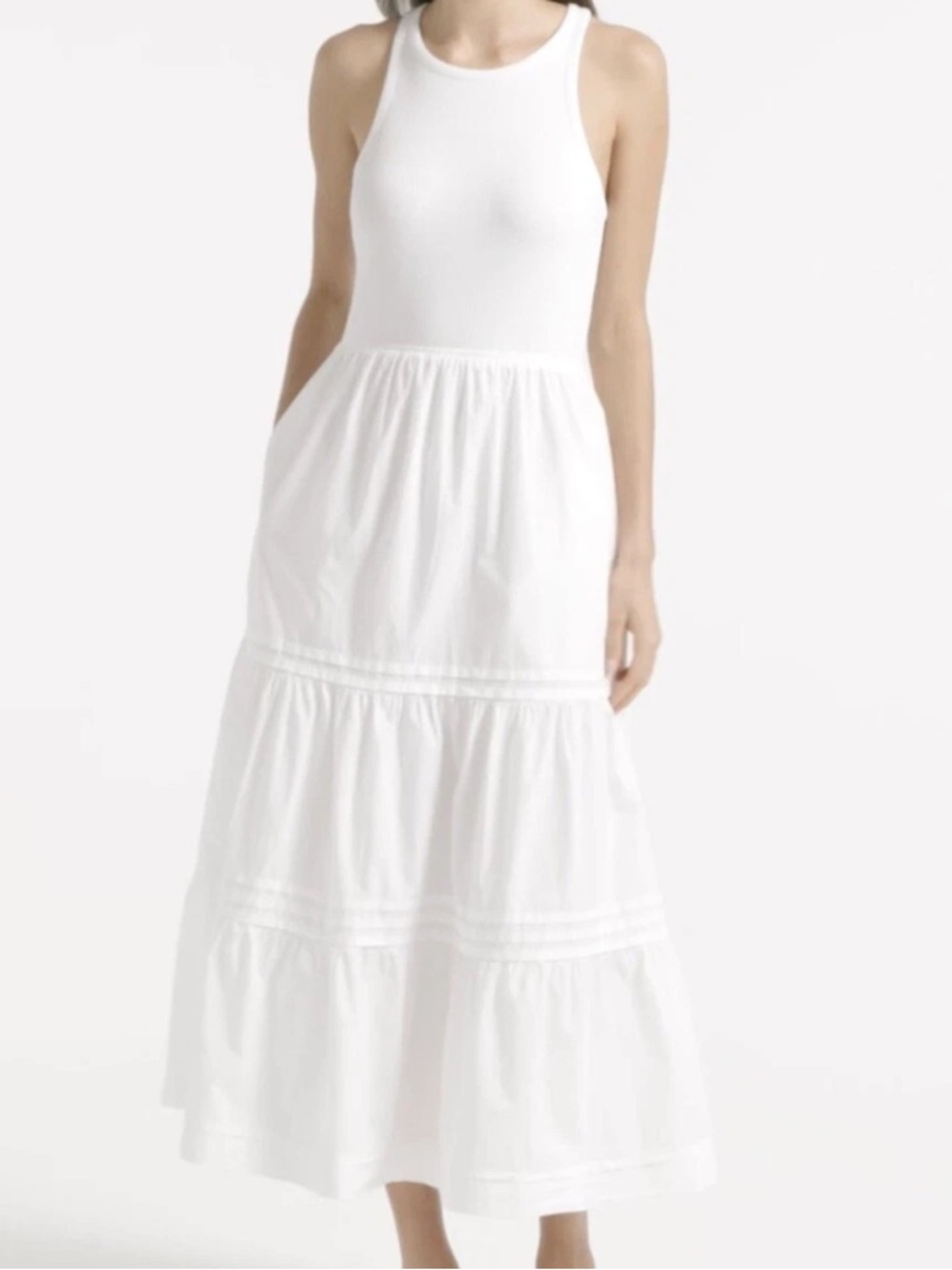 J. Crew Vintage Rib Knit High Neck Cutaway Tank Dress with Poplin Skirt White